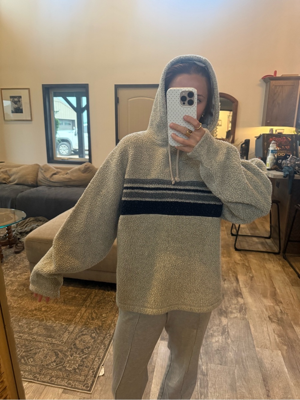 GAP Beige Sherpa Crewneck with Navy Stripe